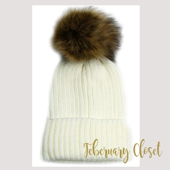 Ivory Knit Beanie with Tan Fur Pom - Picture 2 of 2